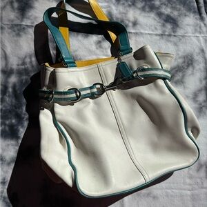 Stylish White, Teal and Yellow Women's Bag